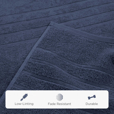 Estate blue bath sheet with texture details and feature icons at the bottom