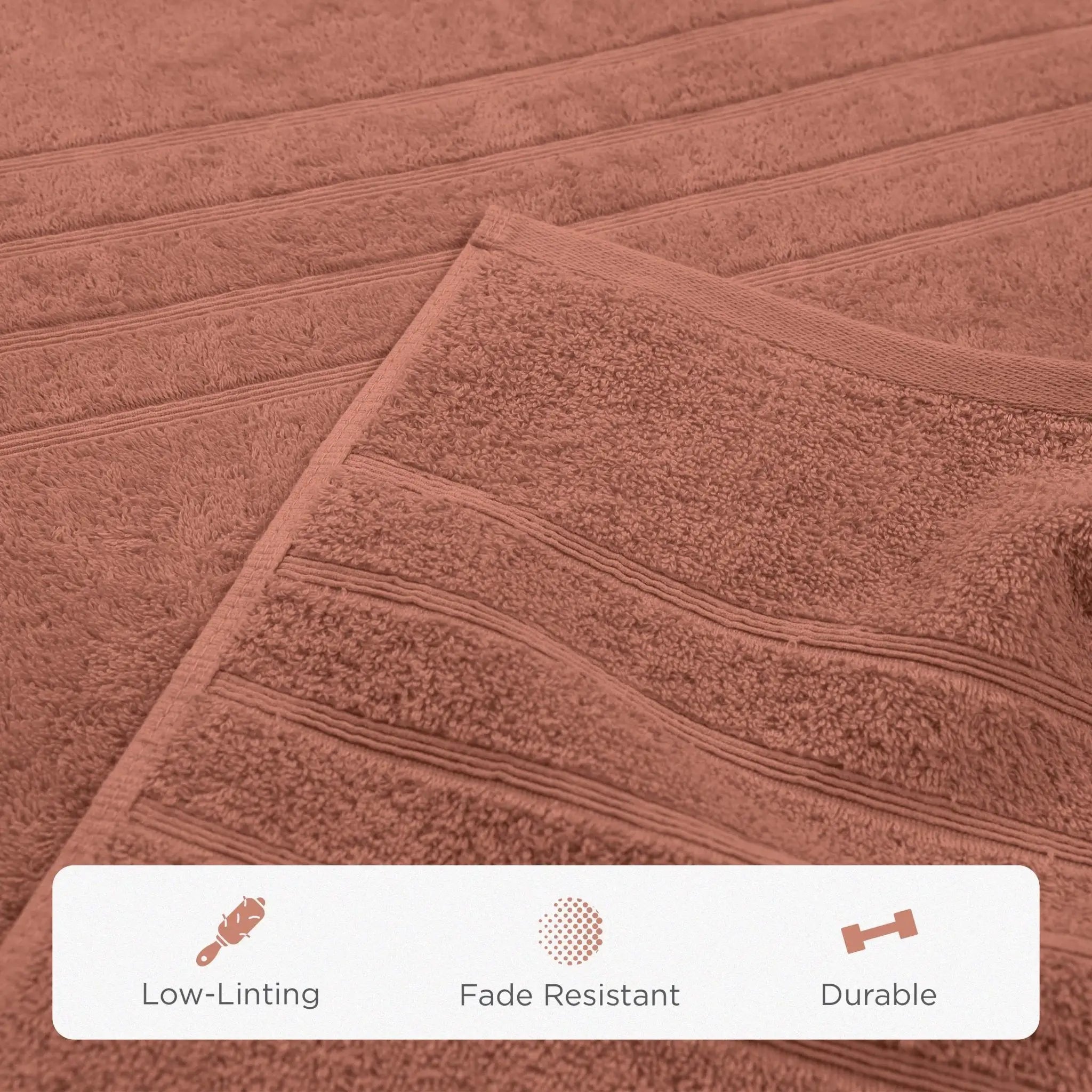 Terracotta bath sheet with texture details and feature icons at the bottom