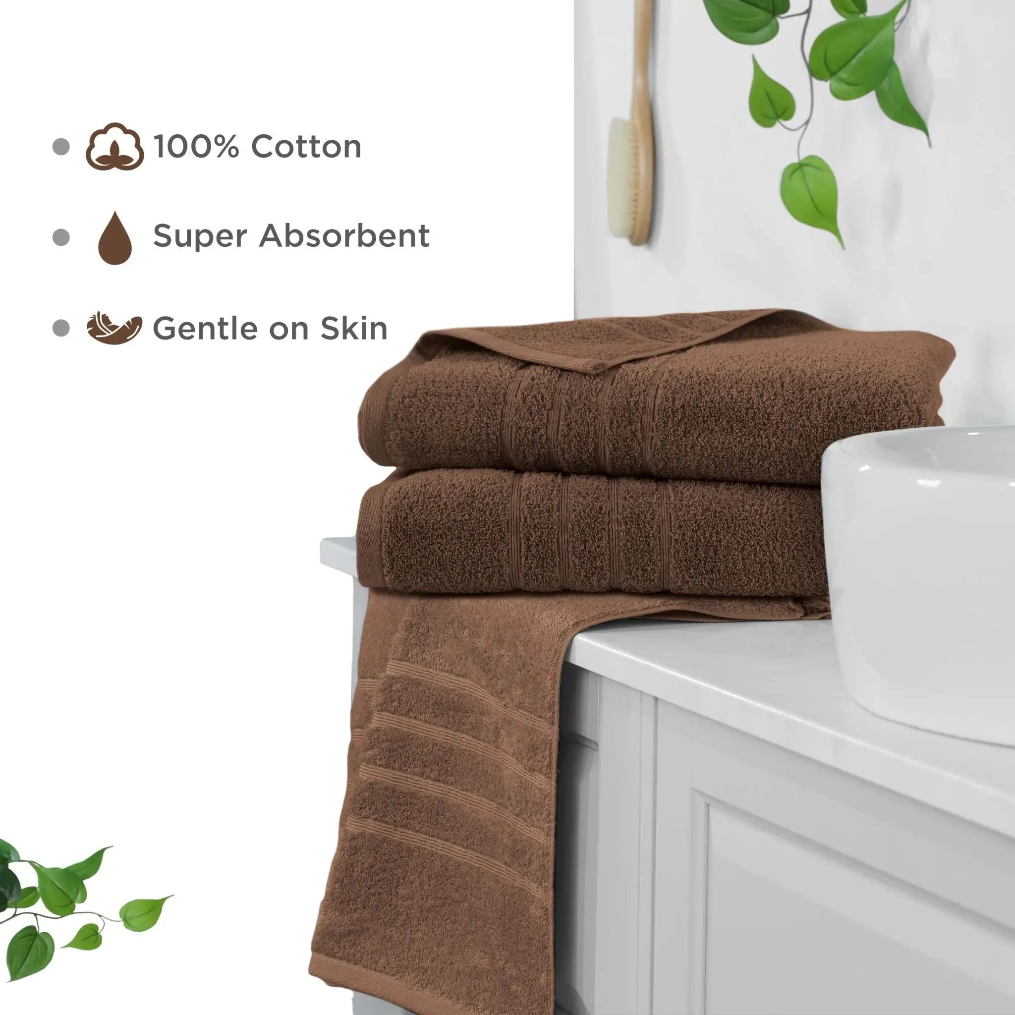 Chocolate colored bath sheets on a white cabinet with text highlighting features like 100% cotton, super absorbent, and gentle on skin.
