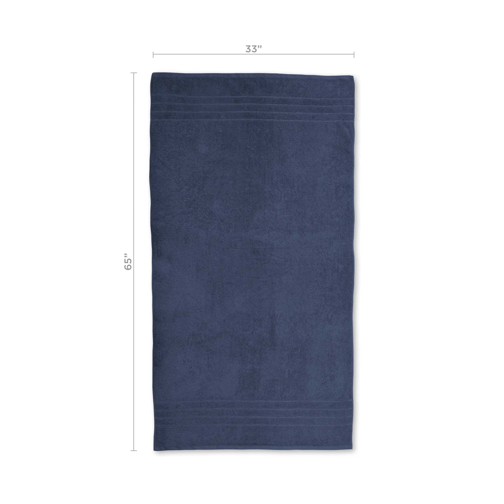 Estate blue bath sheet with dimensions on a white background