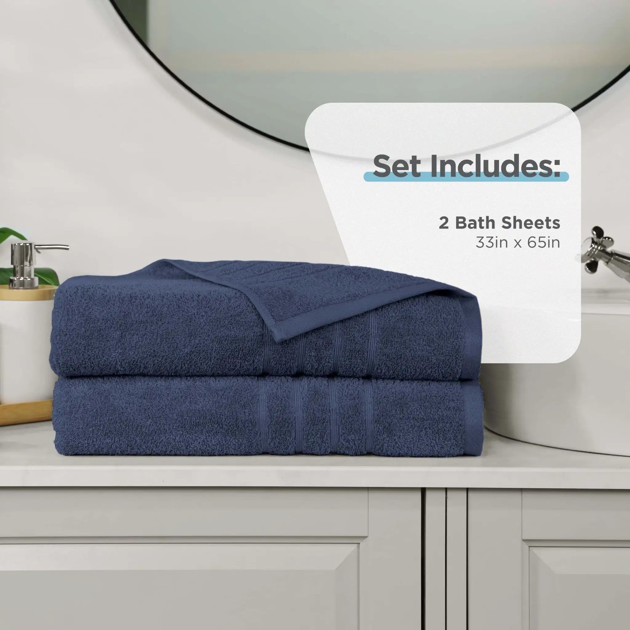 Two estate blue bath sheets on a bathroom counter with product details overlay.
