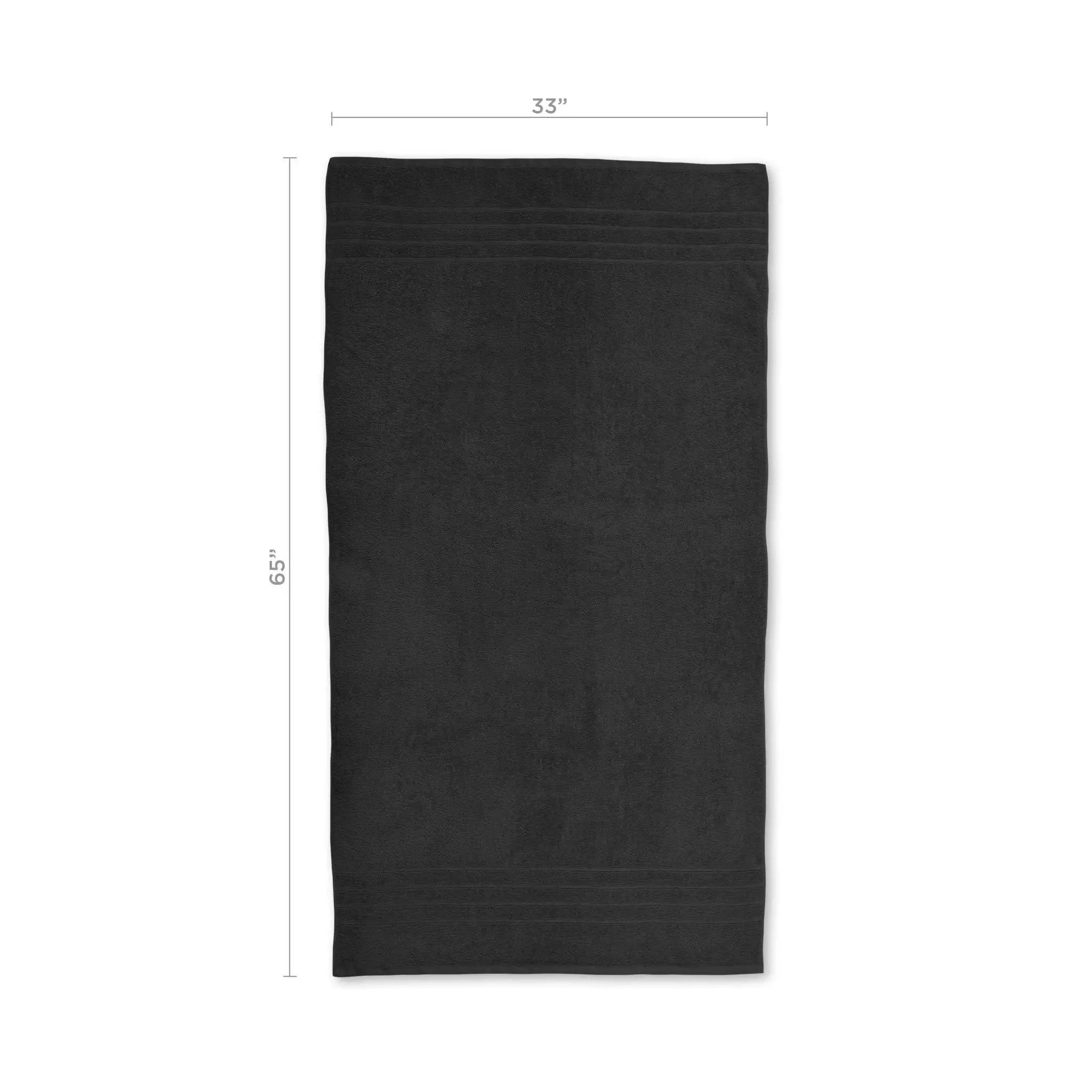 Black bath sheet with dimensions on a white background