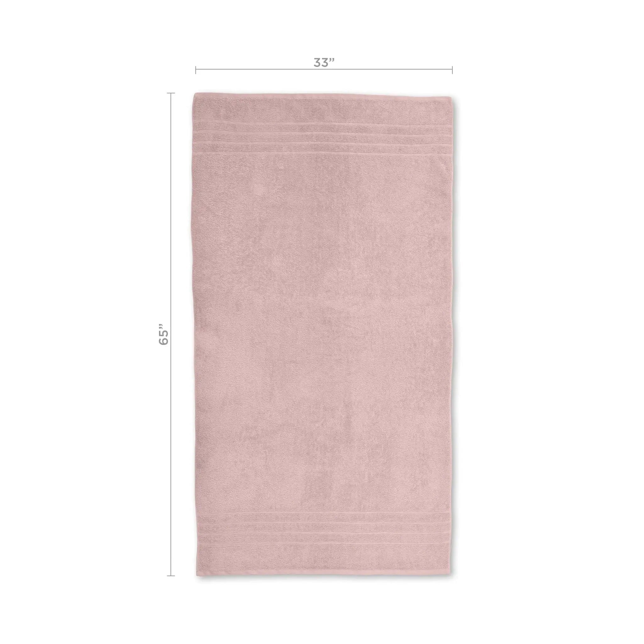 Pink bath sheet with dimensions on a white background
