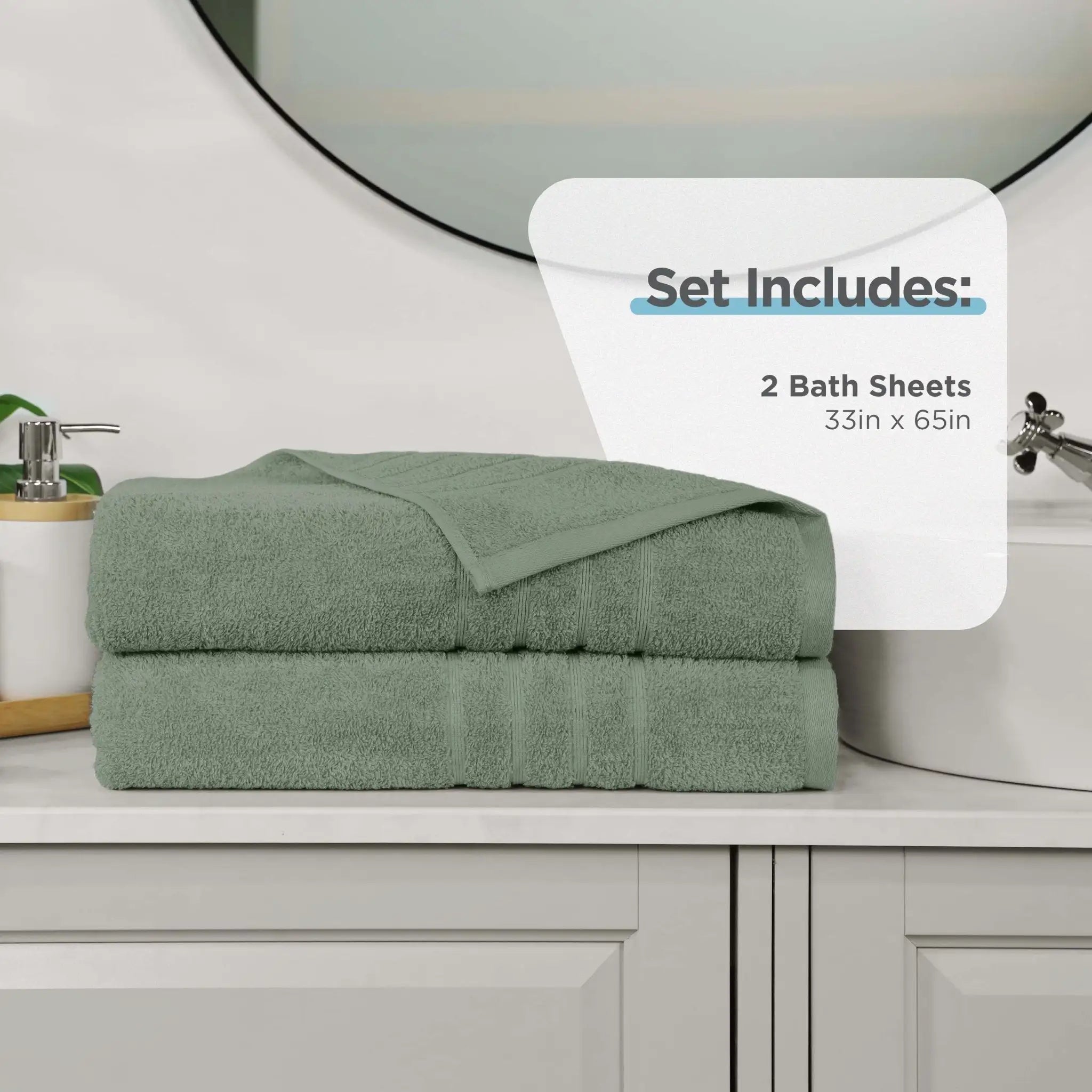 Two sage bath sheets on a bathroom counter with product details overlay.