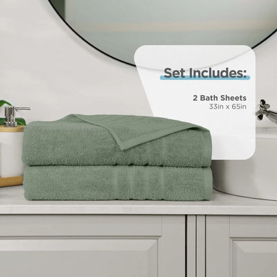Two sage bath sheets on a bathroom counter with product details overlay.