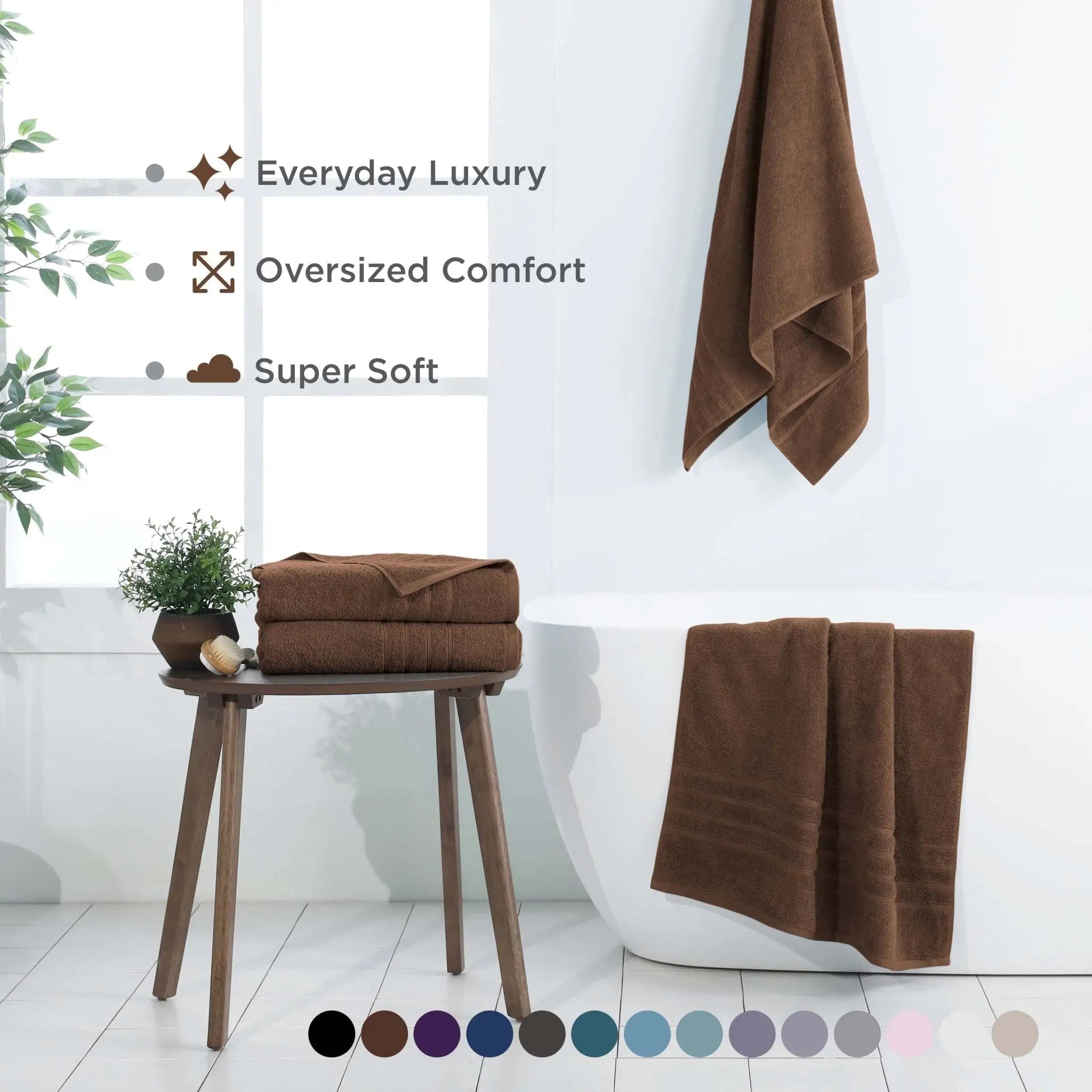 Chocolate colored bath sheet on a stool and hanging on a towel rack with text highlighting features
