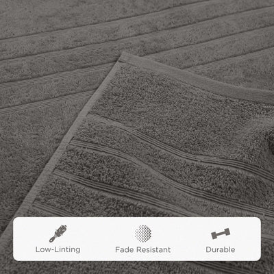 Gray bath sheet with texture details and feature icons at the bottom