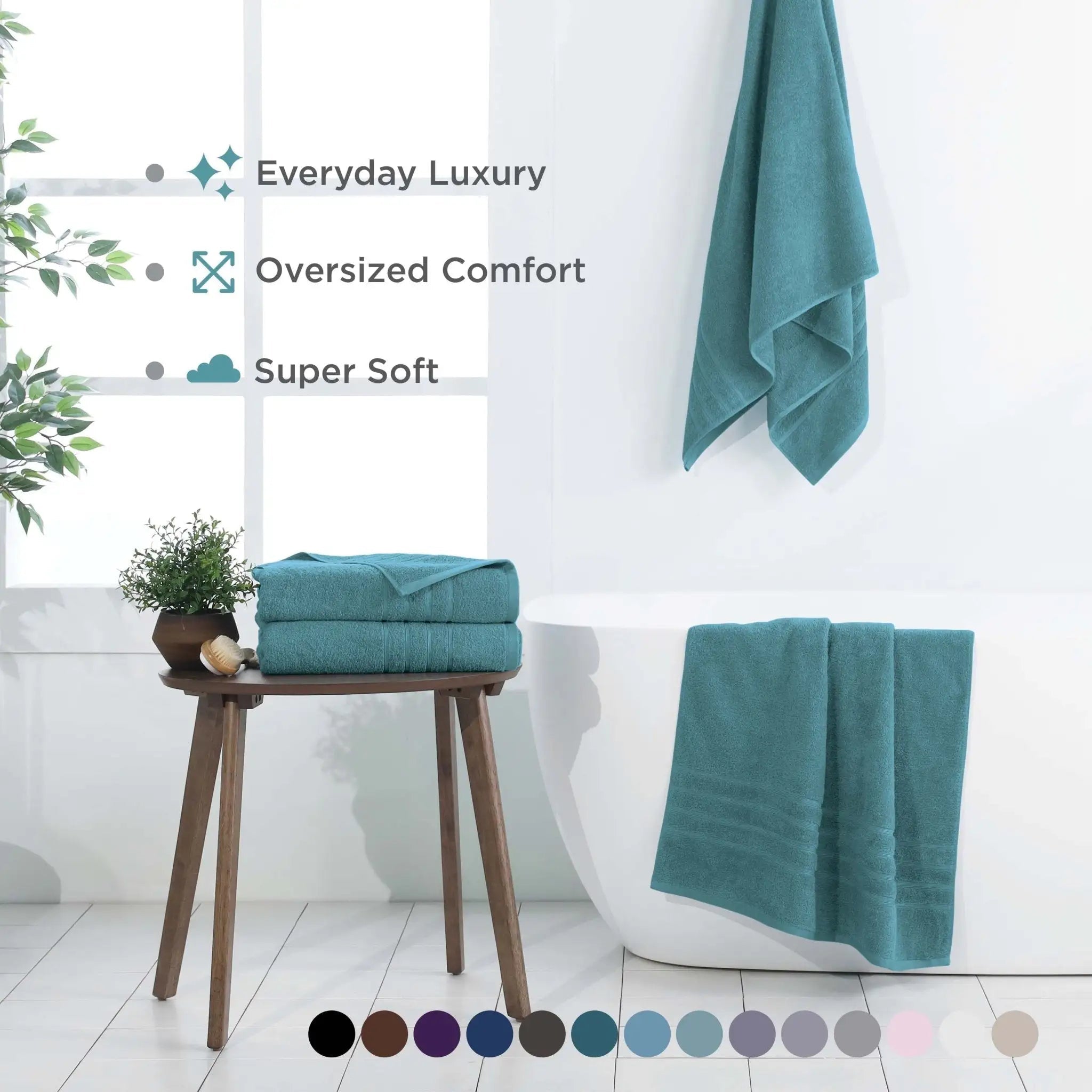 Teal bath sheets displayed in a bathroom setting with text highlighting features.