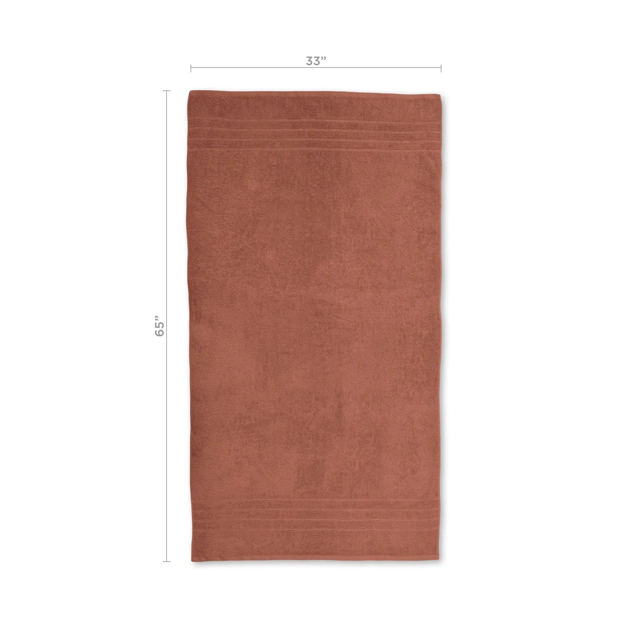 Terracotta colored bath sheet with dimensions on a white background