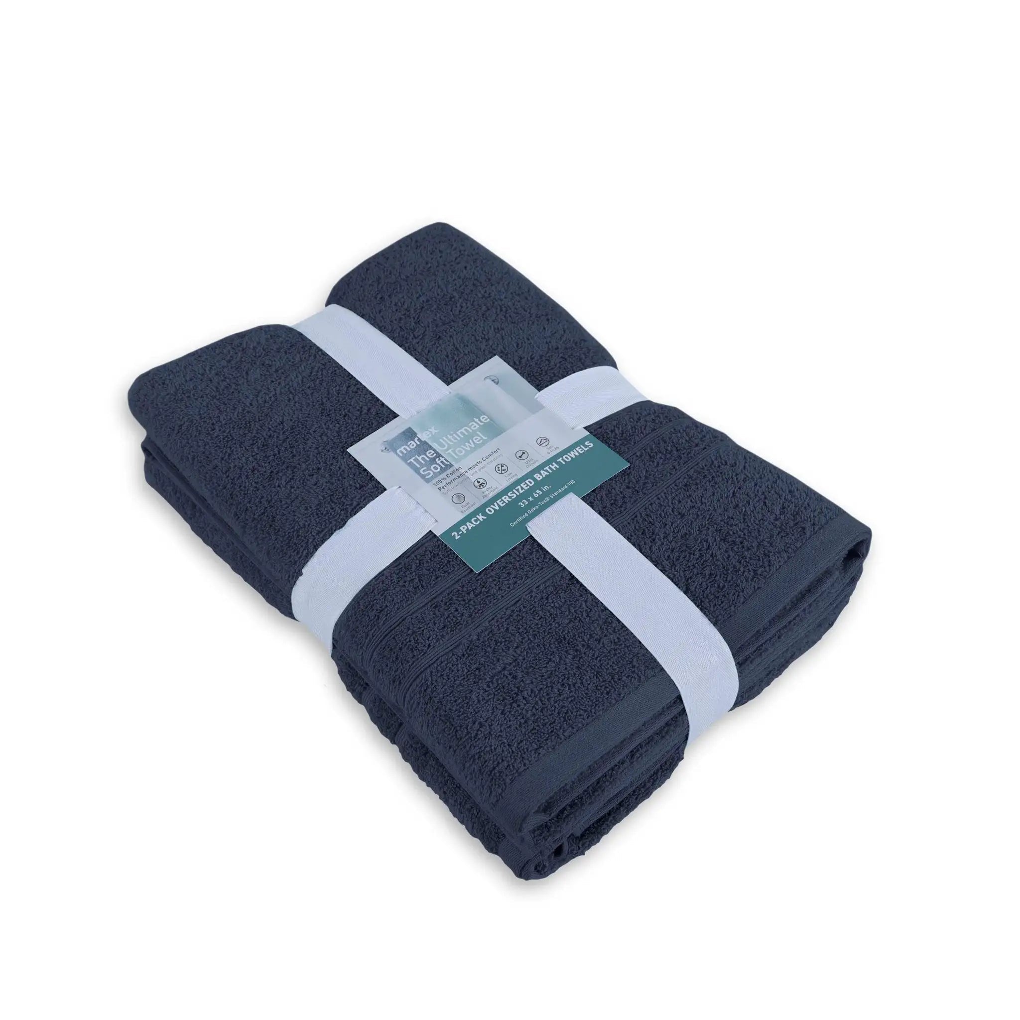 Folded estate blue bath sheet with a label on a white background