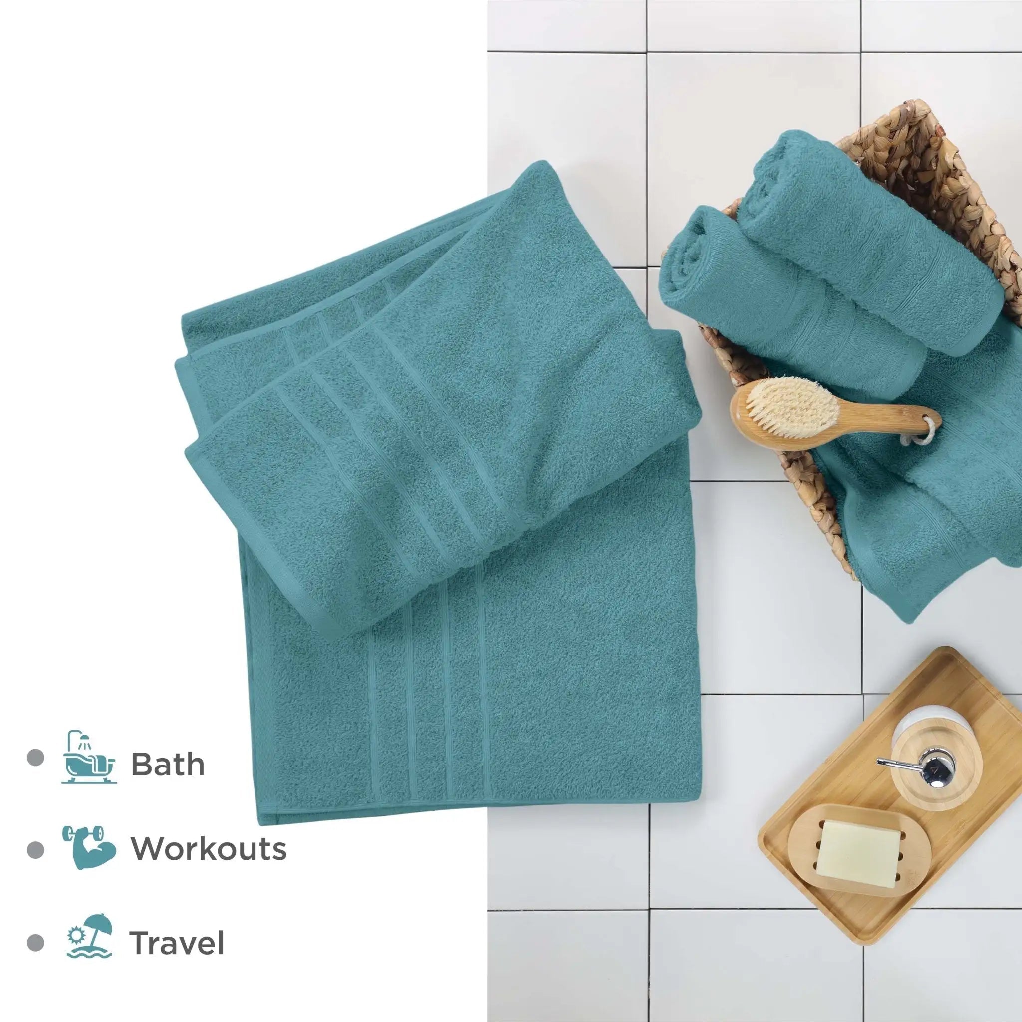 A set of teal blue bath sheets, styled on a white tiled background and a list of uses: Bath, Workouts, Travel.