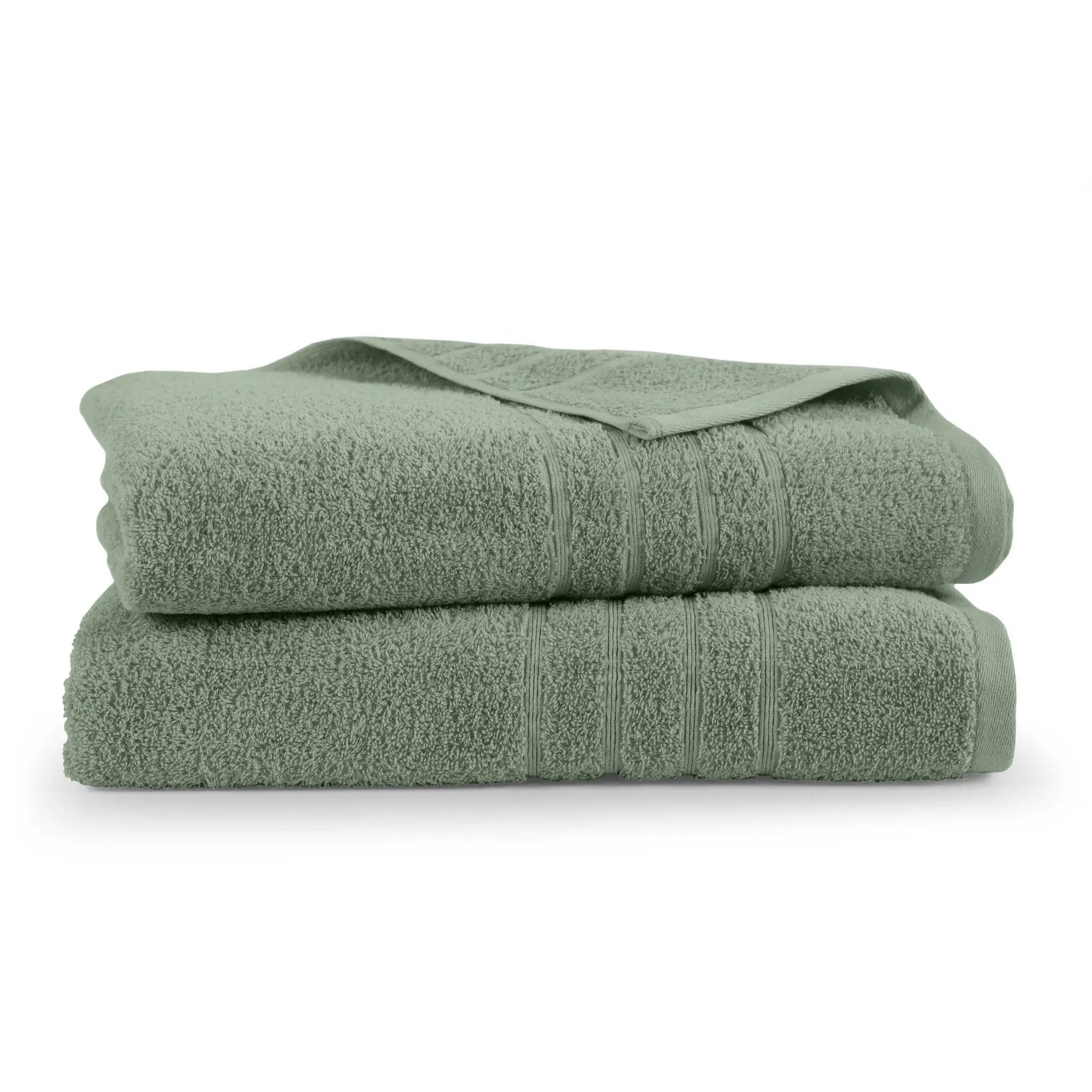 Two folded sage bath sheets on a white background