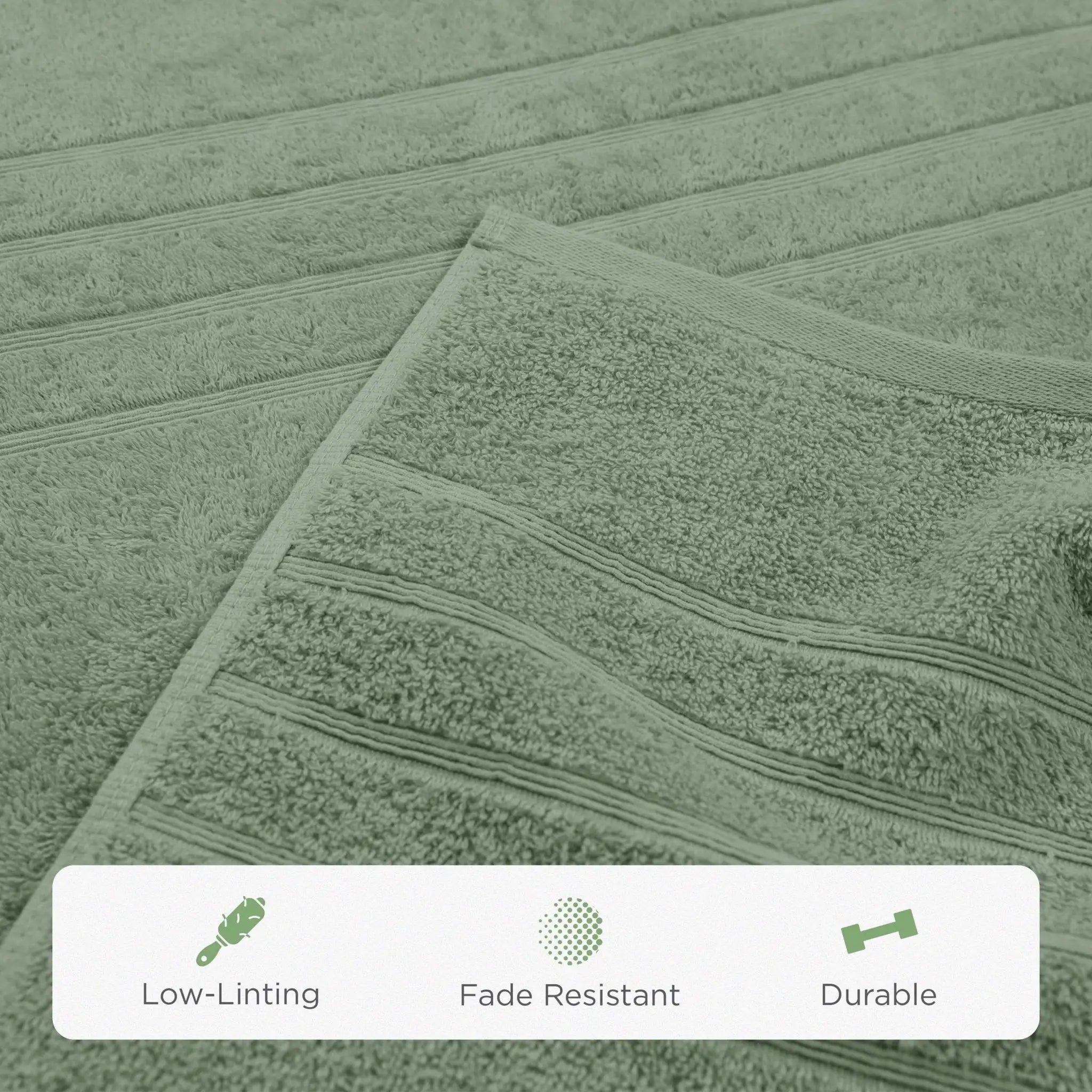 Sage fabric with texture and a label indicating low-lighting, fade resistance, and durability.