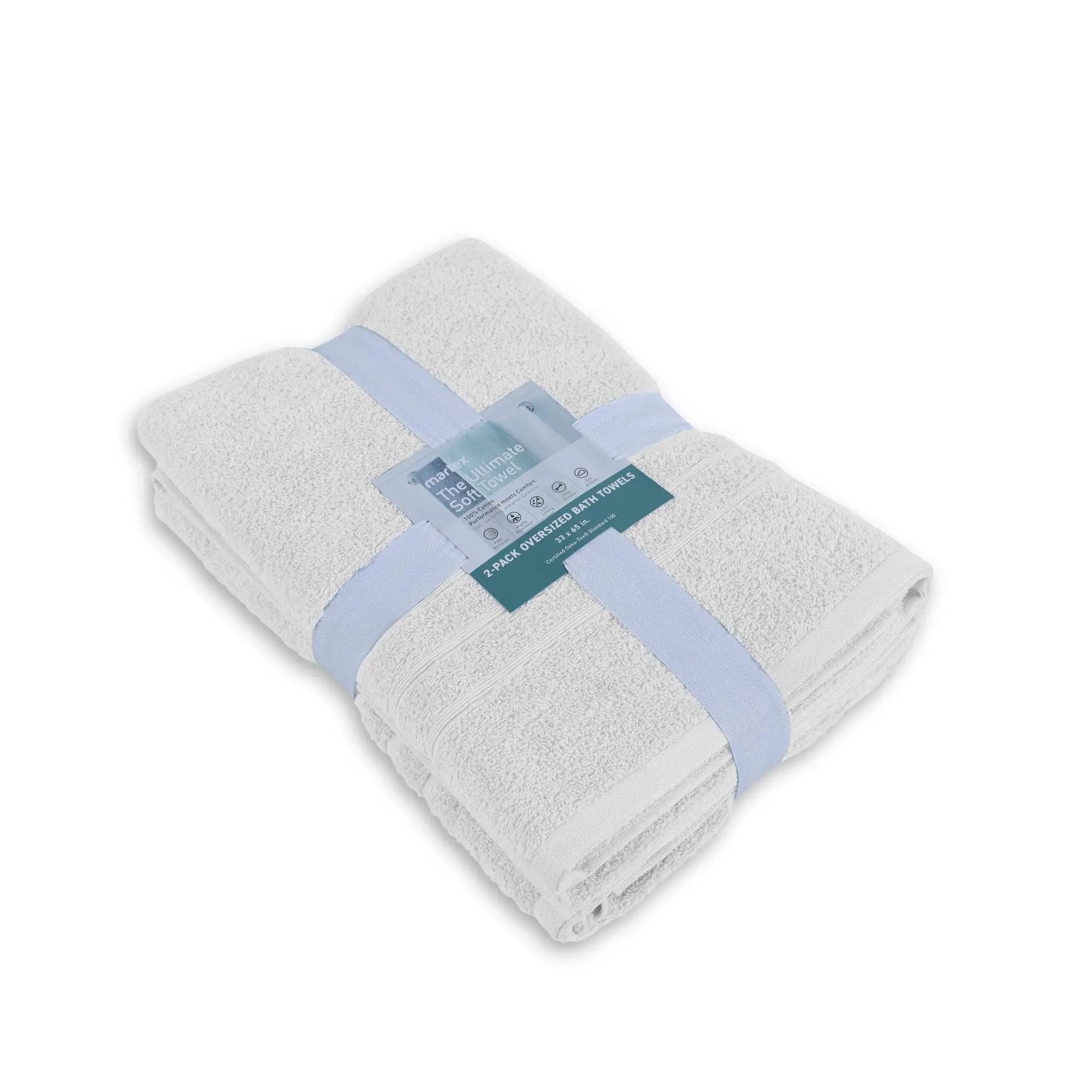 A folded set of white cotton bath sheets wrapped with a light blue band and a small product tag.
