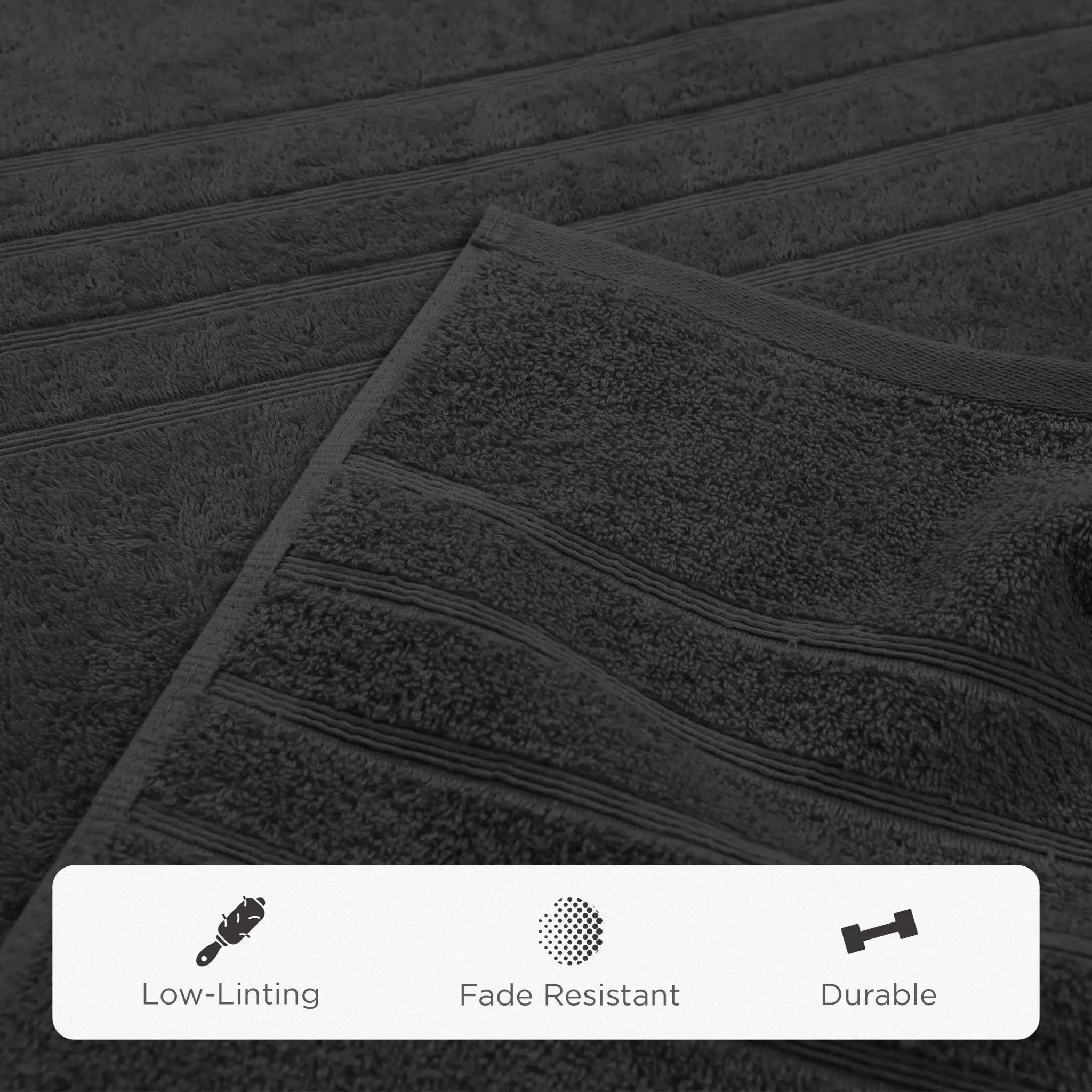Black bath sheet with texture details and feature icons at the bottom