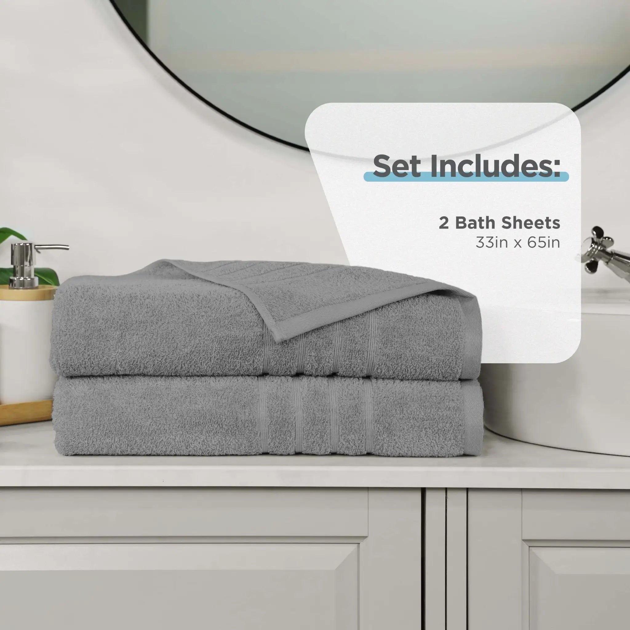 Spa blue bath sheets on a bathroom counter with product details overlay.