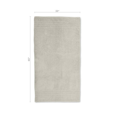 Sand colored bath sheet with dimensions on a white background