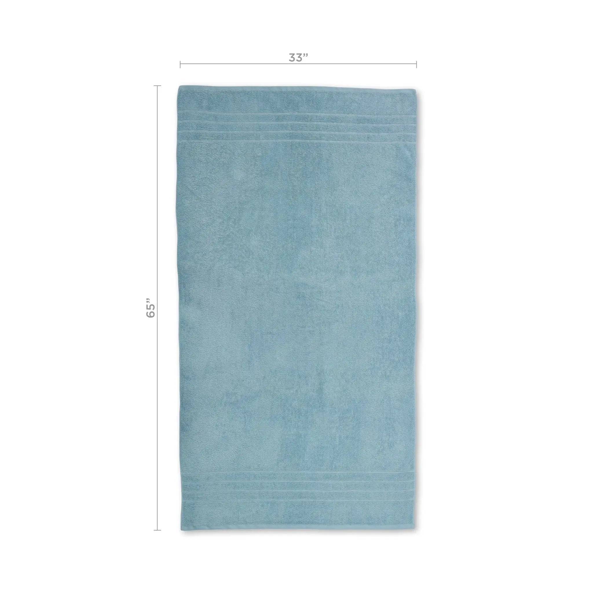 Mineral colored bath sheet with dimensions on a white background