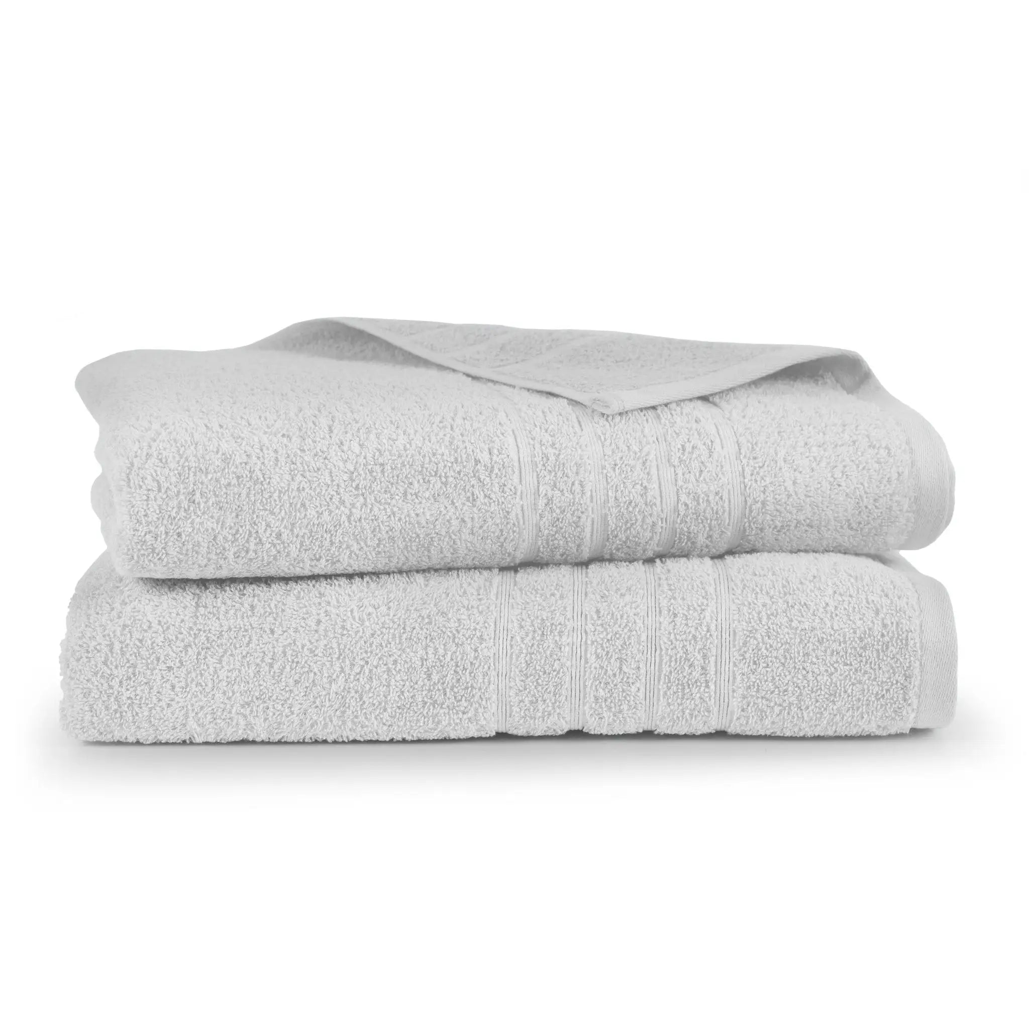 A stack of two folded white bath sheets with textured terry cloth surfaces and ribbed borders, on a clean white background.
