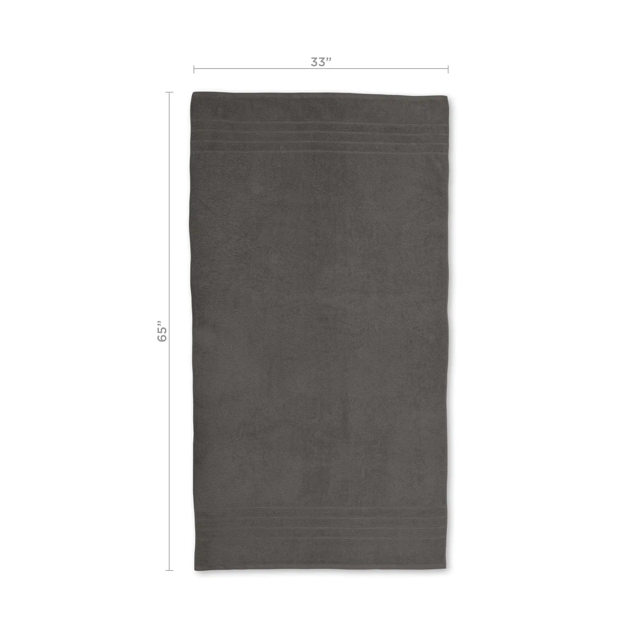 A dark gray rectangular bath sheet with subtle woven border stripes, shown with dimension lines indicating a height of 65 inches and a width of 33 inches on a white background.