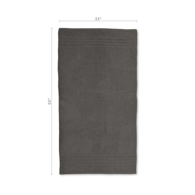 A dark gray rectangular bath sheet with subtle woven border stripes, shown with dimension lines indicating a height of 65 inches and a width of 33 inches on a white background.