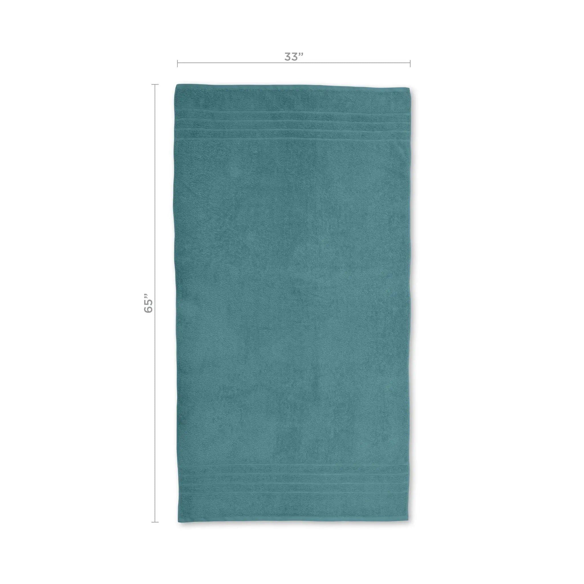 Teal bath sheet with dimensions on a white background