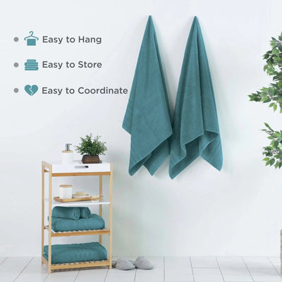 Teal bath sheets hanging on a rack with text indicating ease of use.