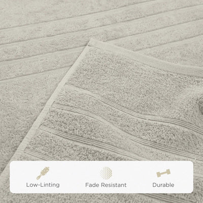 Sand colored bath sheet with texture details and feature icons at the bottom.