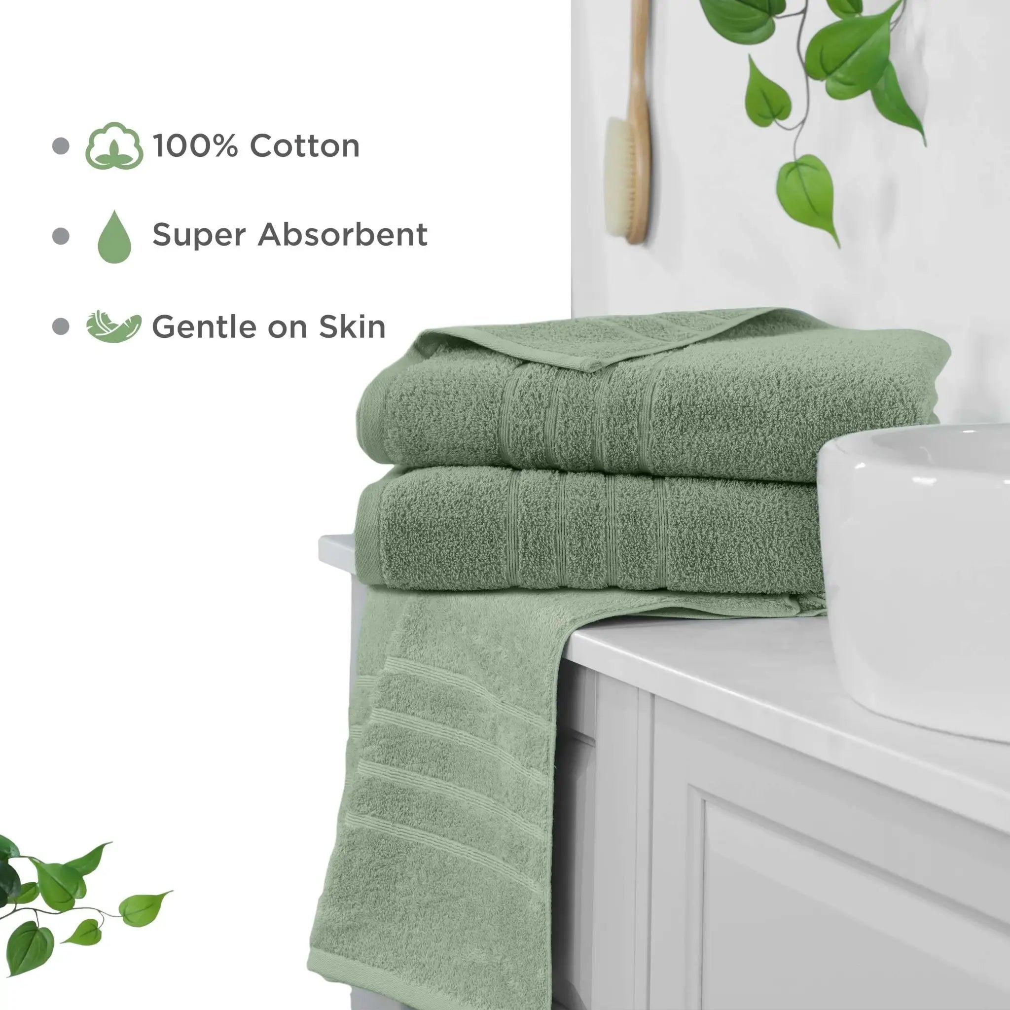 Sage bath sheets towels on a white cabinet with text highlighting features like 100% cotton, super absorbent, and gentle on skin.