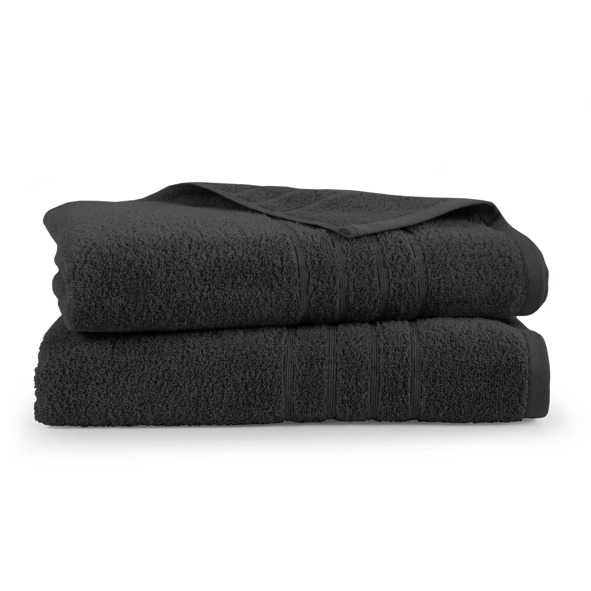 Two folded black bath sheets on a white background