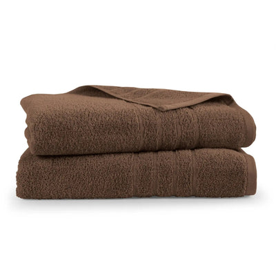 Two chocolate colored bath sheets stacked on a white background