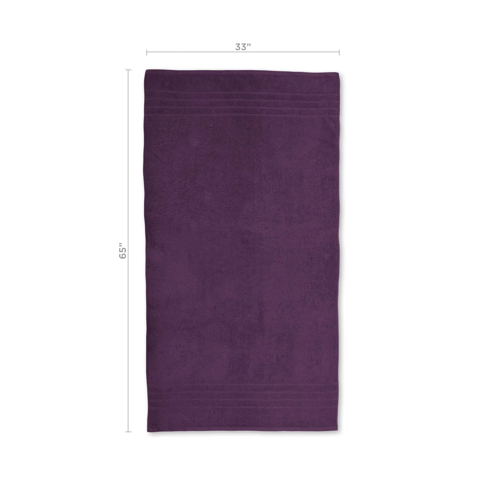 A purple bath sheet with dimension markings showing 65 inches in height and 35 inches in width on a white background.