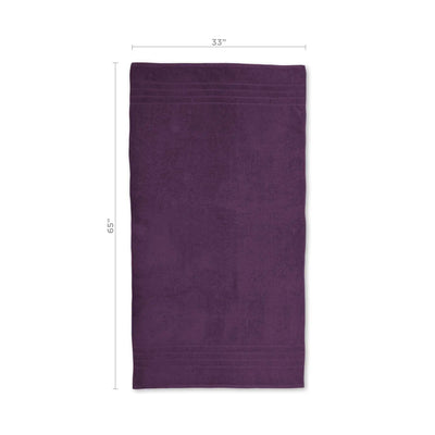 A purple bath sheet with dimension markings showing 65 inches in height and 35 inches in width on a white background.