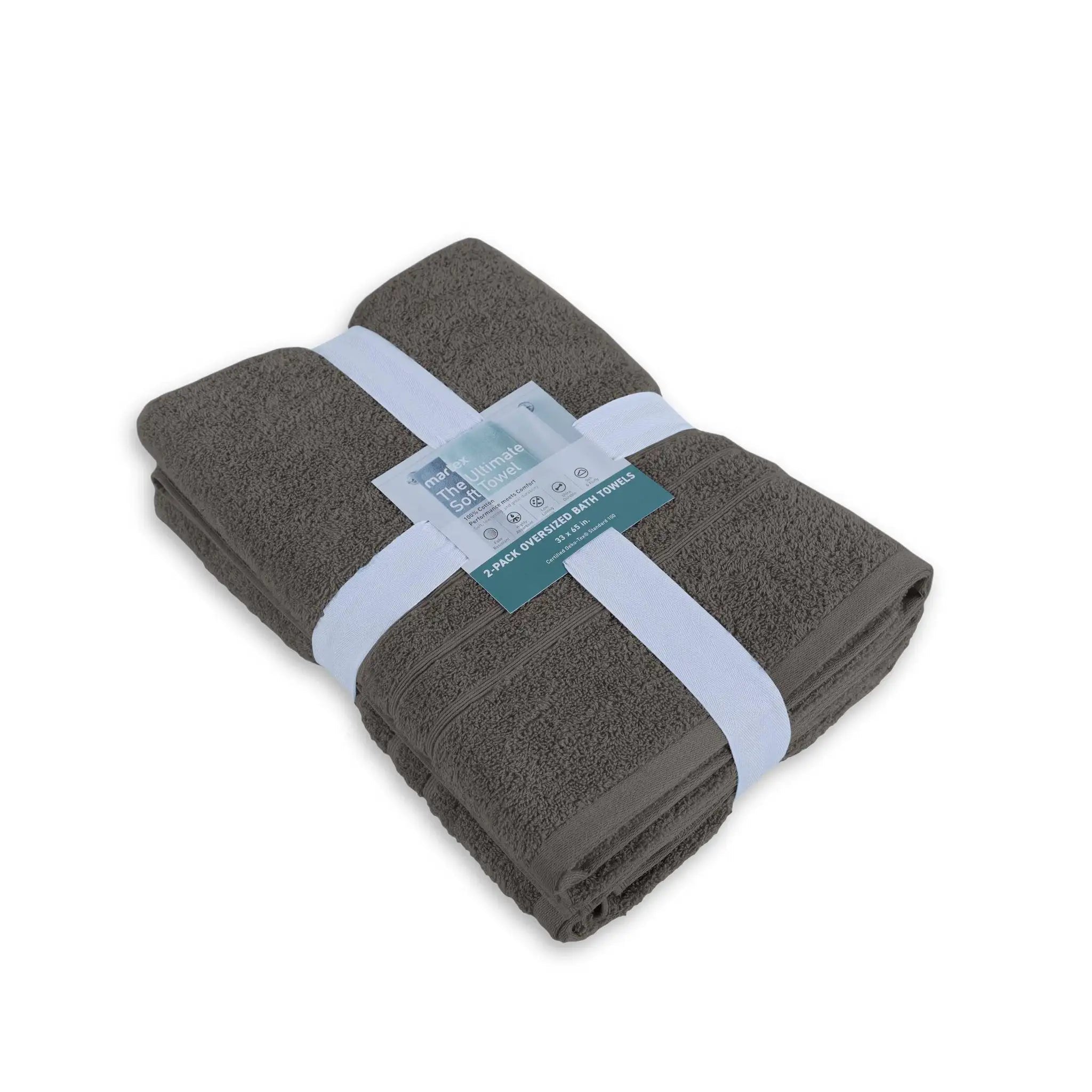 Folded dark gray bath sheet with a label on a white background