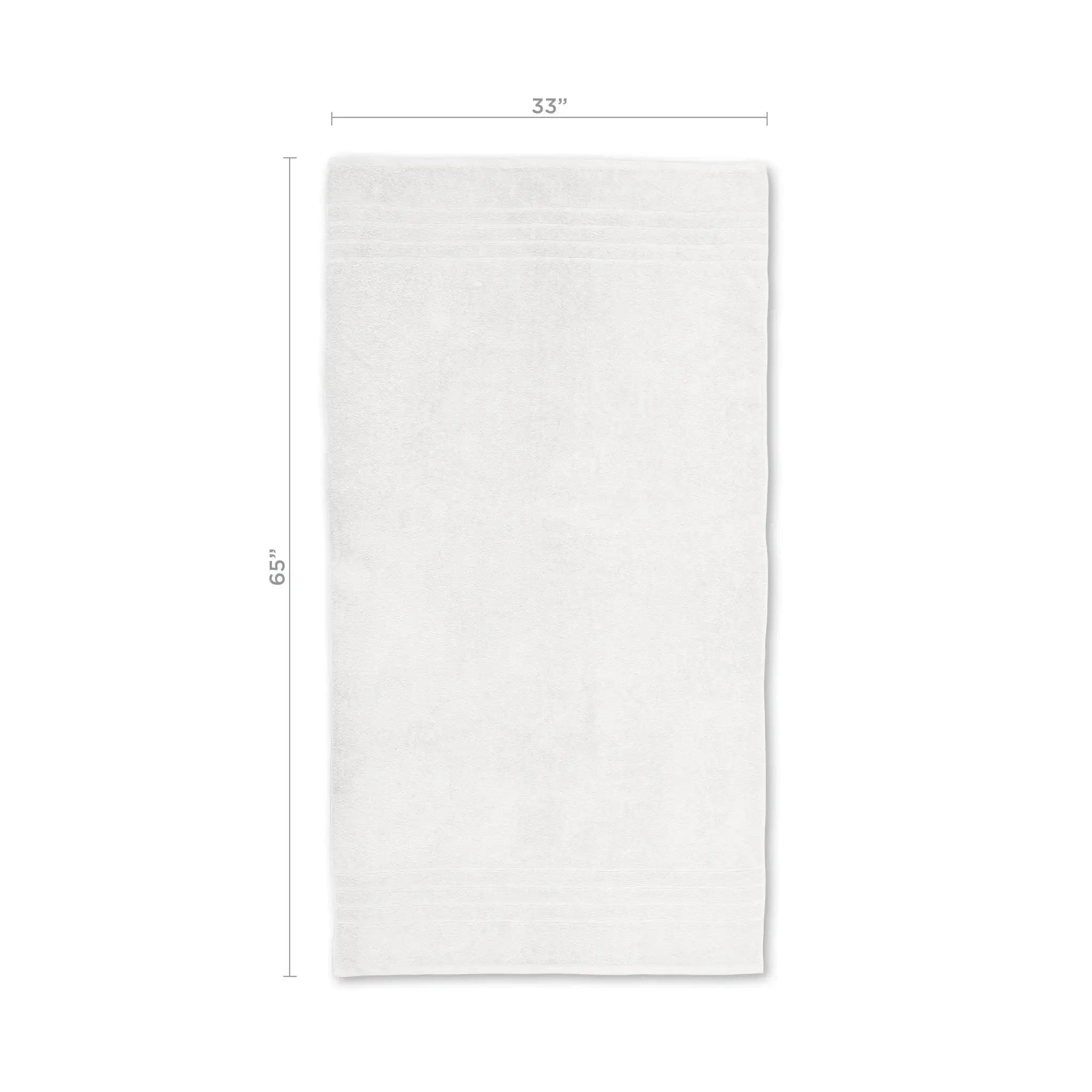 A white rectangular bath sheet with subtle horizontal striped detailing near the top edge, shown with dimension lines indicating a height of 65 inches and a width of 33 inches on a plain white background.