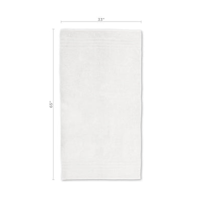 A white rectangular bath sheet with subtle horizontal striped detailing near the top edge, shown with dimension lines indicating a height of 65 inches and a width of 33 inches on a plain white background.