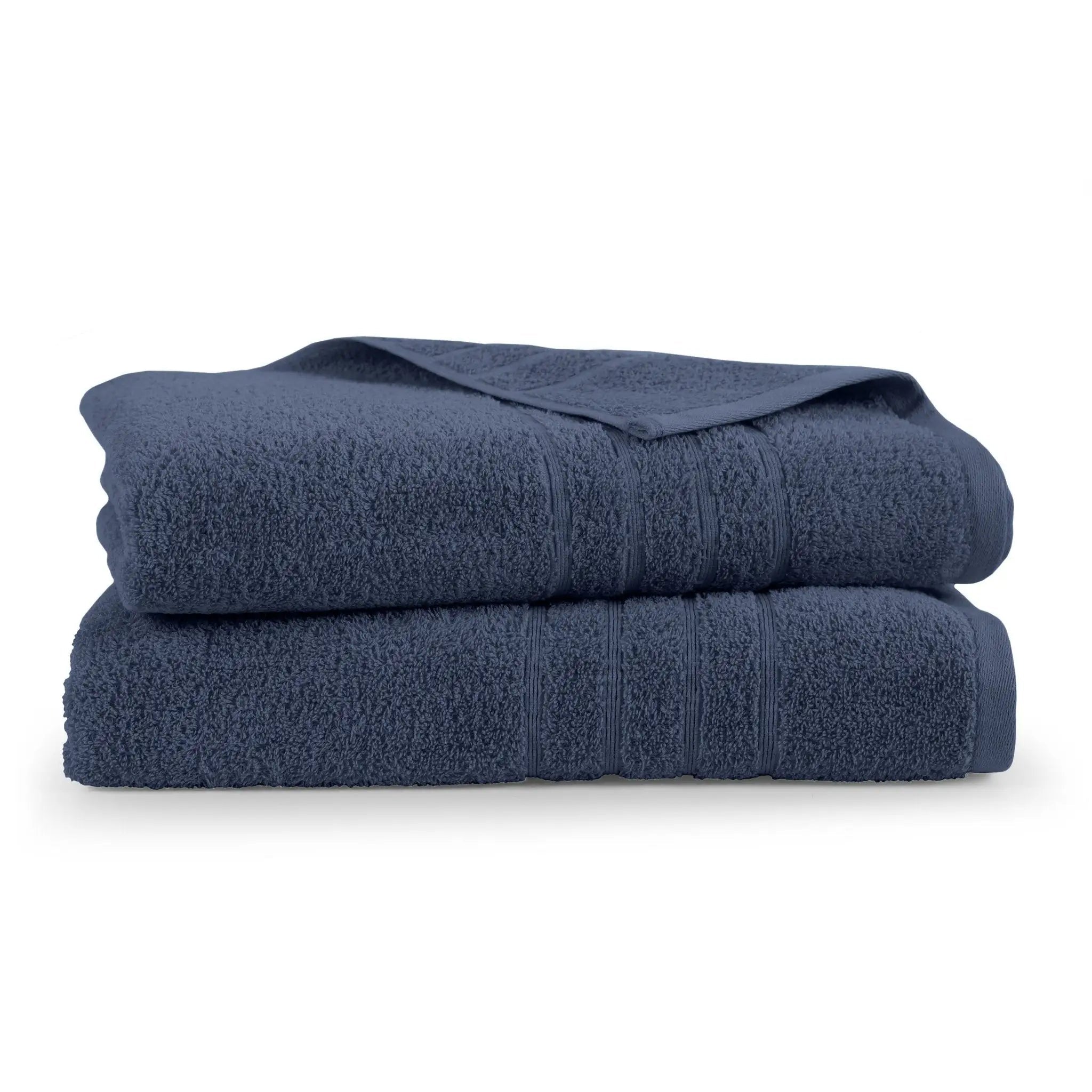 Two estate blue bath sheets stacked on a white background