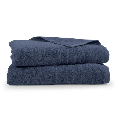 Two estate blue bath sheets stacked on a white background