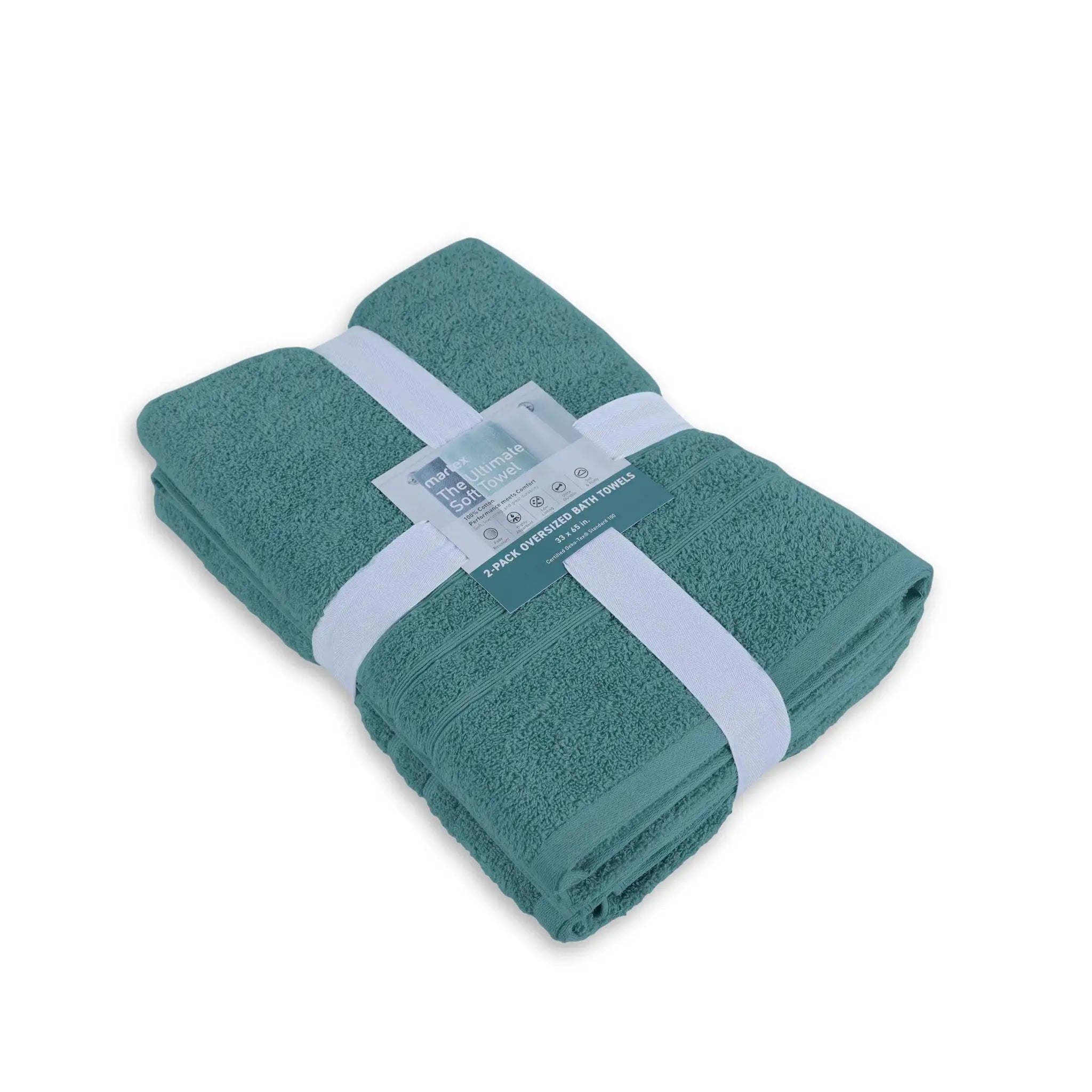 Teal bath sheet set with a white label on a white background