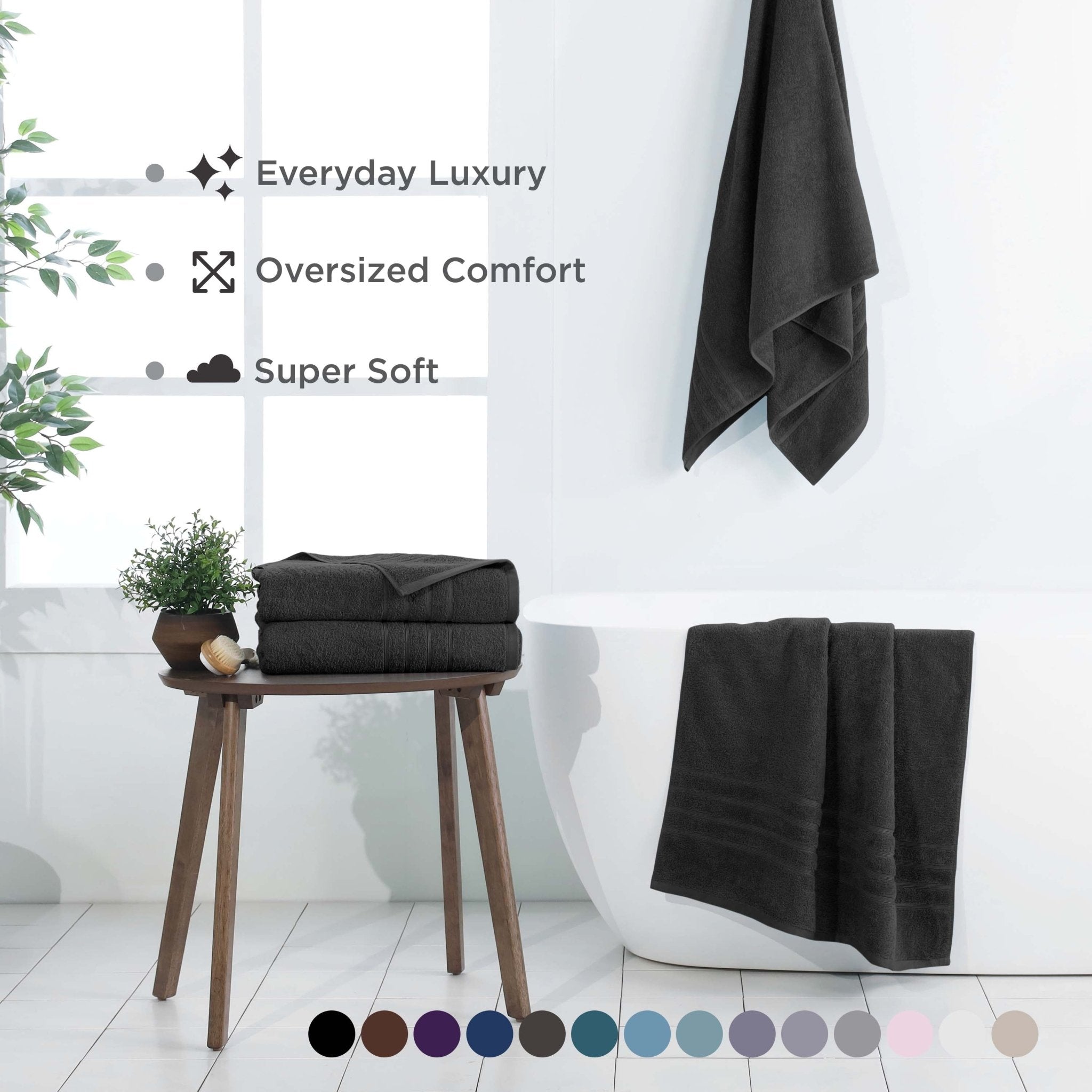 Black bath sheets displayed in a bathroom setting with text highlighting features.