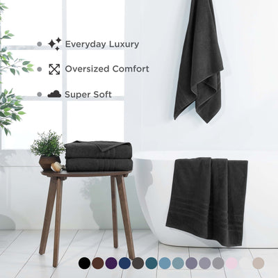 Black bath sheets displayed in a bathroom setting with text highlighting features.