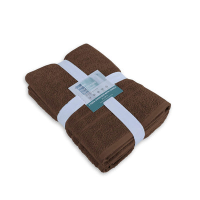 Folded chocolate bath sheets with a label on a white background