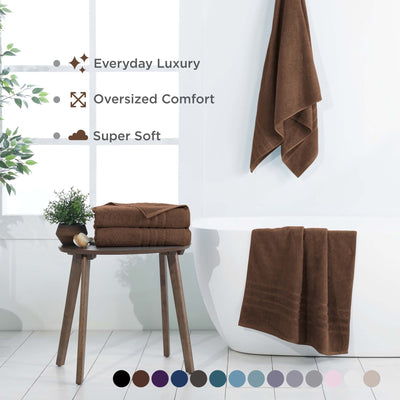 Chocolate bath sheets displayed in a bathroom setting with text highlighting features.