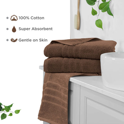 Chocolate bath sheets on a white cabinet with text highlighting features like 100% cotton, super absorbent, and gentle on skin.