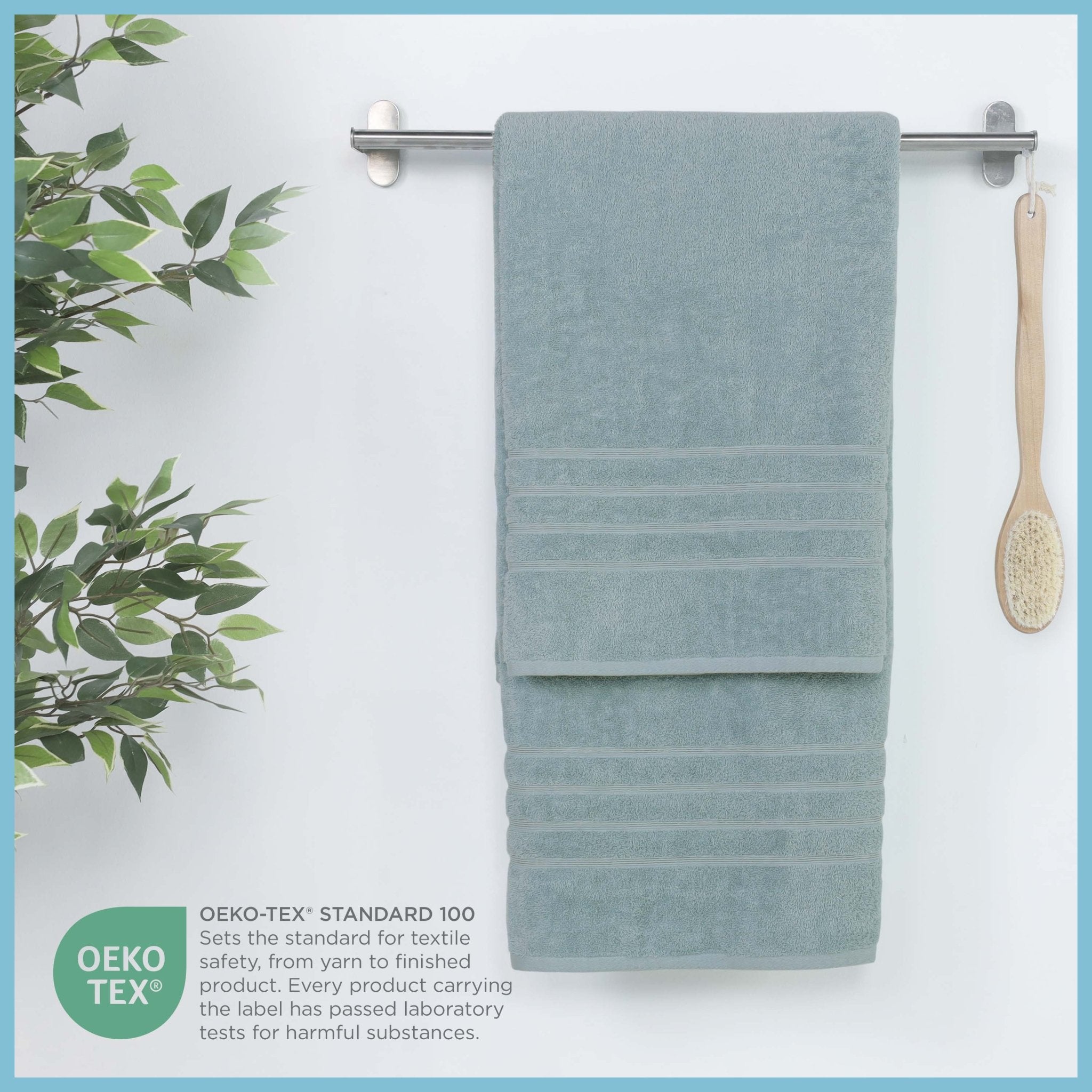 Mineral bath sheet hanging on a rack, featuring OEKO-TEX certification.