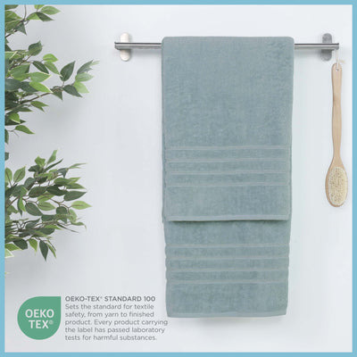 Mineral bath sheet hanging on a rack, featuring OEKO-TEX certification.