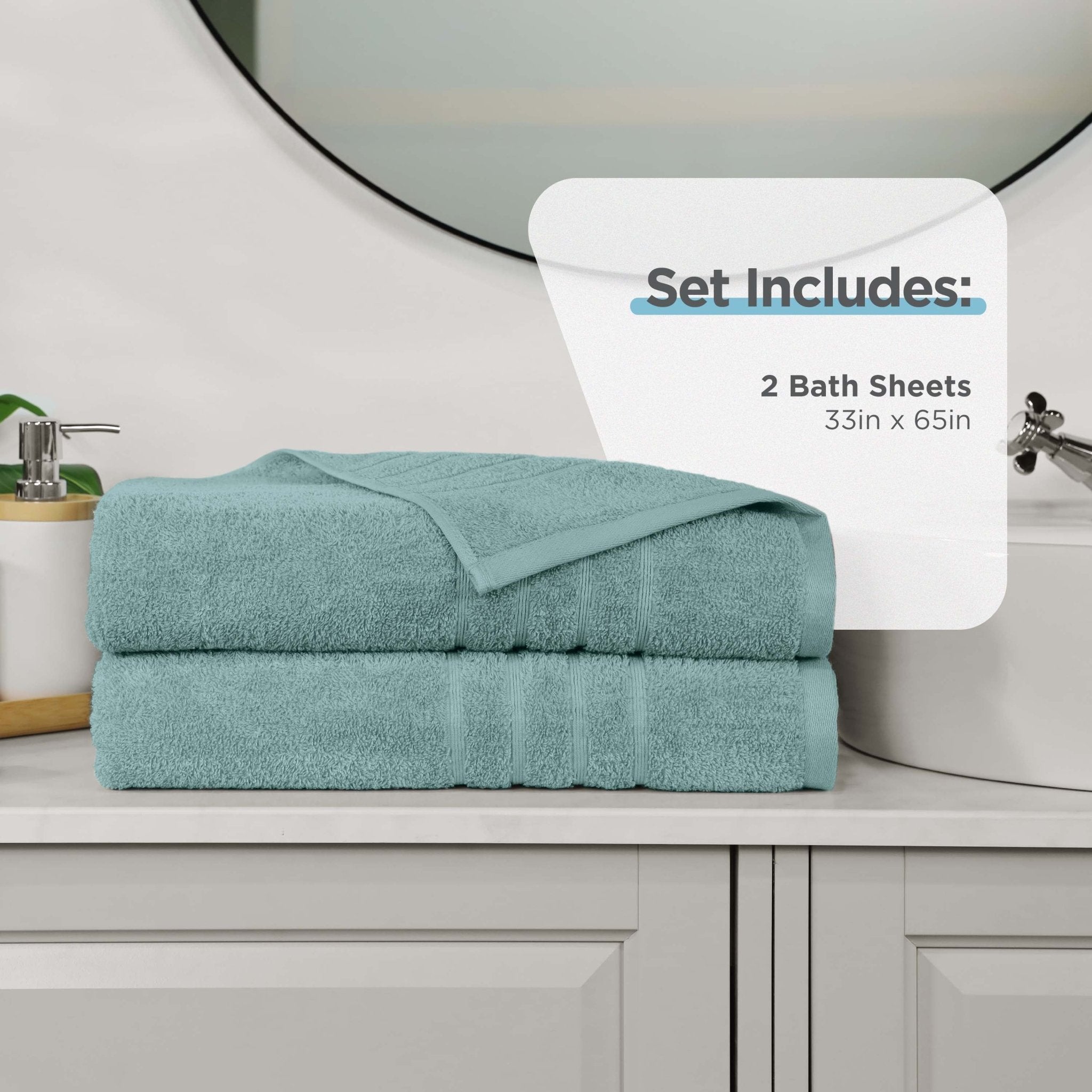 Two mineral bath sheets on a bathroom counter with product details overlay.