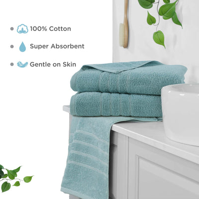 Mineral bath sheets on a white cabinet with text highlighting features like 100% cotton, super absorbent, and gentle on skin.