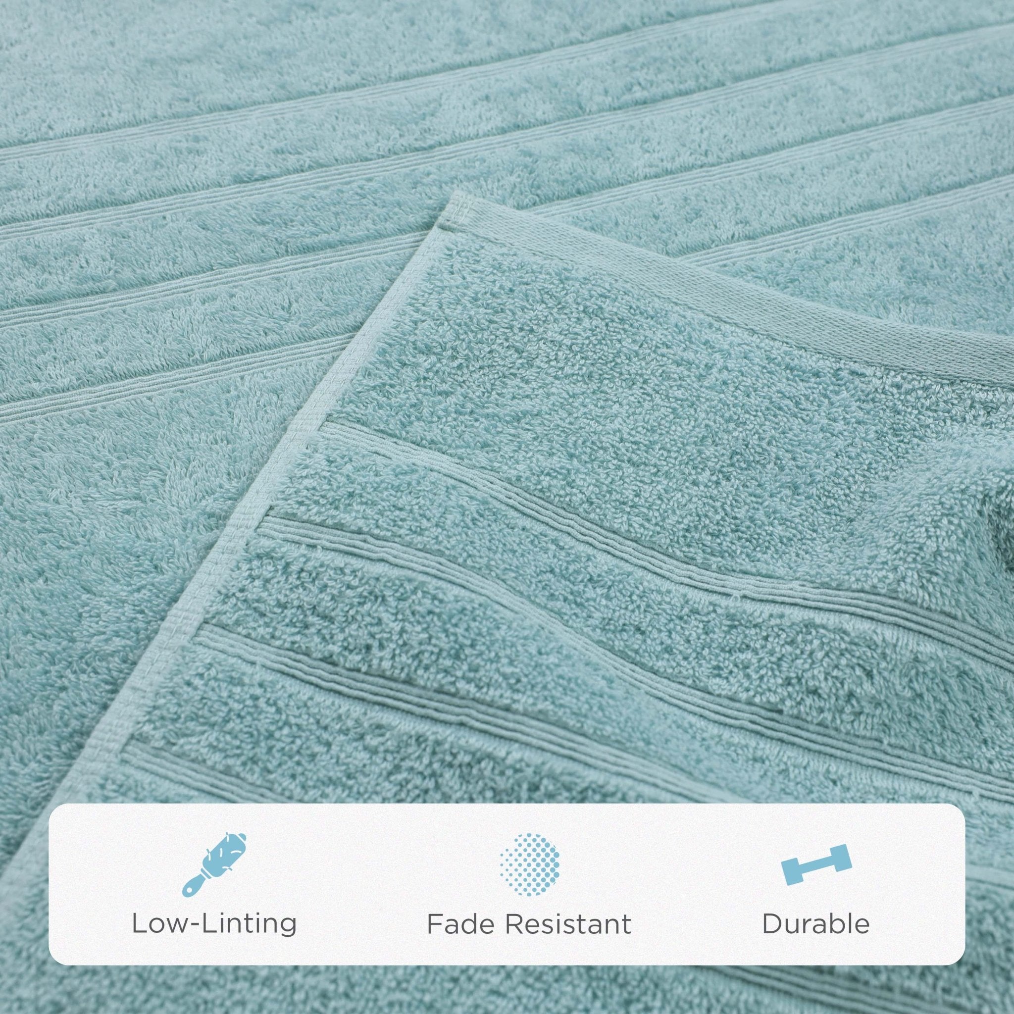 Mineral bath sheet with texture details and feature icons at the bottom