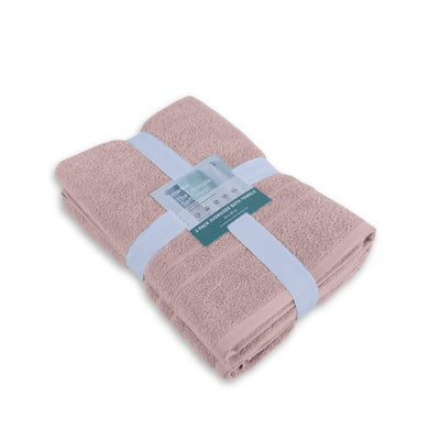 Folded crystal pink bath sheets with a label on a white background